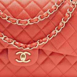 Pre Owned Chanel Orange Quilted Pearly Caviar Leather Jumbo Classic Double Flap Bag