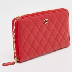 Chanel Red Quilted Leather Zip Around Organizer Wallet 
