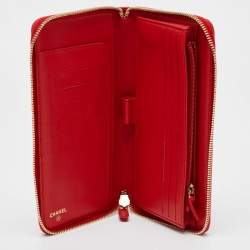 Chanel Red Quilted Leather Zip Around Organizer Wallet 