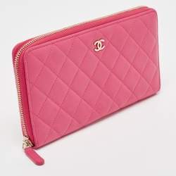 Pre Owned Chanel Pink Quilted Leather Zip Around Organizer Wallet 