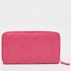 Pre Owned Chanel Pink Quilted Leather Zip Around Organizer Wallet 