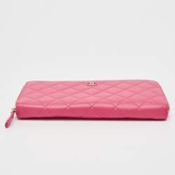 Pre Owned Chanel Pink Quilted Leather Zip Around Organizer Wallet 