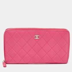 Pre Owned Chanel Pink Quilted Leather Zip Around Organizer Wallet 