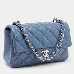Pre Owned Chanel Blue Quilted Caviar Leather Mini Rectangle Classic Single Flap Bag