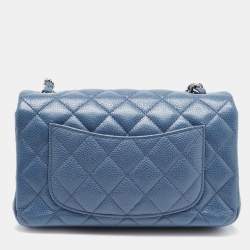 Pre Owned Chanel Blue Quilted Caviar Leather Mini Rectangle Classic Single Flap Bag