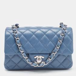 Pre Owned Chanel Blue Quilted Caviar Leather Mini Rectangle Classic Single Flap Bag
