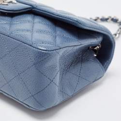 Pre Owned Chanel Blue Quilted Caviar Leather Mini Rectangle Classic Single Flap Bag