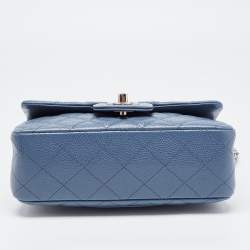 Pre Owned Chanel Blue Quilted Caviar Leather Mini Rectangle Classic Single Flap Bag