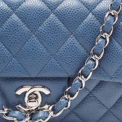 Pre Owned Chanel Blue Quilted Caviar Leather Mini Rectangle Classic Single Flap Bag