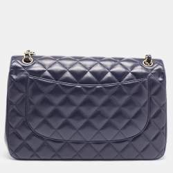 Pre Owned Chanel Navy Blue Quilted Leather Jumbo Classic Double Flap Bag