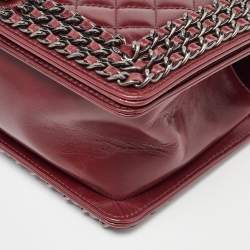 Pre Owned Chanel Red Quilted Leather Medium Interlaced Chained Boy Flap Bag