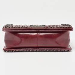 Pre Owned Chanel Red Quilted Leather Medium Interlaced Chained Boy Flap Bag