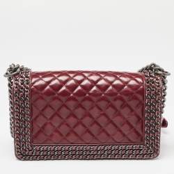 Pre Owned Chanel Red Quilted Leather Medium Interlaced Chained Boy Flap Bag