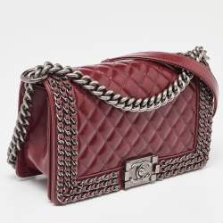 Pre Owned Chanel Red Quilted Leather Medium Interlaced Chained Boy Flap Bag