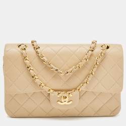 Pre Owned Chanel Beige Quilted Leather Small Classic Double Flap Bag