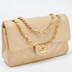 Pre Owned Chanel Beige Quilted Leather Small Classic Double Flap Bag
