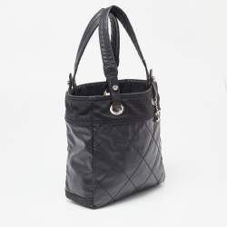 Pre Owned Chanel Black Quilted Vinyl and Canvas Petite Paris Biarritz Bag