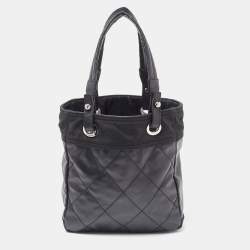 Pre Owned Chanel Black Quilted Vinyl and Canvas Petite Paris Biarritz Bag