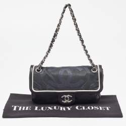 Pre Owned Chanel Tri Color CC Logo Camellia Embossed Canvas and Leather East West Flap Bag