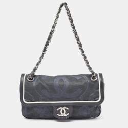 Pre Owned Chanel Tri Color CC Logo Camellia Embossed Canvas and Leather East West Flap Bag