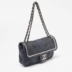 Pre Owned Chanel Tri Color CC Logo Camellia Embossed Canvas and Leather East West Flap Bag
