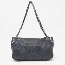 Pre Owned Chanel Tri Color CC Logo Camellia Embossed Canvas and Leather East West Flap Bag