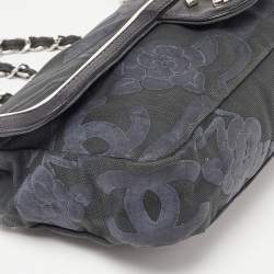 Pre Owned Chanel Tri Color CC Logo Camellia Embossed Canvas and Leather East West Flap Bag