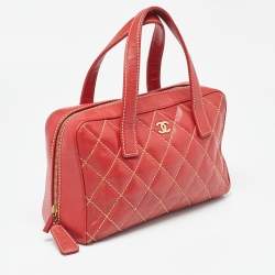 Pre Owned Chanel Red Quilted Leather Surpique Bowler Bag