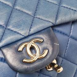 Pre Owned Chanel Blue Quilted Lambskin Leather Jumbo Classic Single Flap Bag