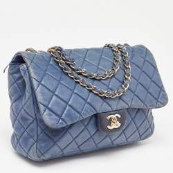 Pre Owned Chanel Blue Quilted Lambskin Leather Jumbo Classic Single Flap Bag