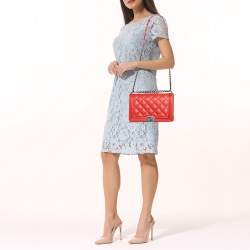 Pre Owned Chanel Red Diamond Stitch Quilted Leather New Medium Boy Bag