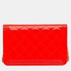 Pre Owned Chanel Red Patent Boy Wallet on Chain