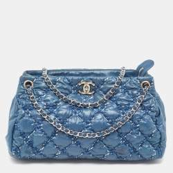 Pre Owned Chanel Blue Quilted Nylon and Tweed Ultra Stitch Bubble Tote