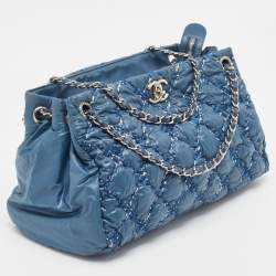Pre Owned Chanel Blue Quilted Nylon and Tweed Ultra Stitch Bubble Tote