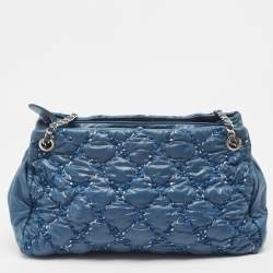 Pre Owned Chanel Blue Quilted Nylon and Tweed Ultra Stitch Bubble Tote