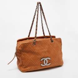Pre Owned Chanel Tan Leather Triple Compartment Chain Shoulder Bag