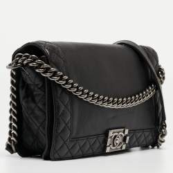 Pre Owned Chanel Black Leather Medium Boy Reverso Bag