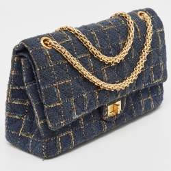 Pre Owned Chanel Blue/Gold Tweed Reissue 2.55 Icons Mademoiselle Double Flap Bag