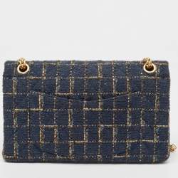 Pre Owned Chanel Blue/Gold Tweed Reissue 2.55 Icons Mademoiselle Double Flap Bag