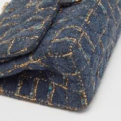 Pre Owned Chanel Blue/Gold Tweed Reissue 2.55 Icons Mademoiselle Double Flap Bag