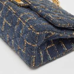 Pre Owned Chanel Blue/Gold Tweed Reissue 2.55 Icons Mademoiselle Double Flap Bag