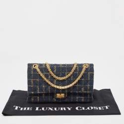Pre Owned Chanel Blue/Gold Tweed Reissue 2.55 Icons Mademoiselle Double Flap Bag