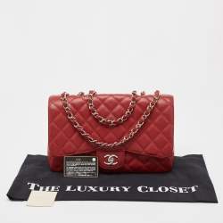 Pre Owned Chanel Red Quilted Caviar Leather Jumbo Classic Single Flap Bag