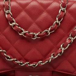 Pre Owned Chanel Red Quilted Caviar Leather Jumbo Classic Single Flap Bag