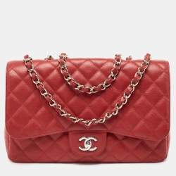 Pre Owned Chanel Red Quilted Caviar Leather Jumbo Classic Single Flap Bag
