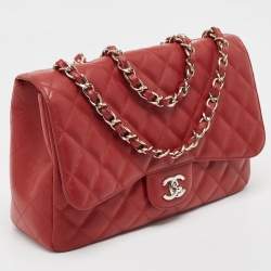 Pre Owned Chanel Red Quilted Caviar Leather Jumbo Classic Single Flap Bag