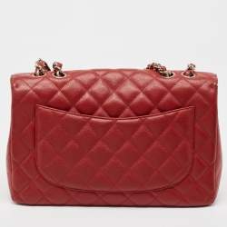 Pre Owned Chanel Red Quilted Caviar Leather Jumbo Classic Single Flap Bag