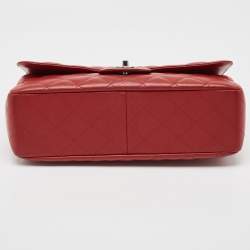 Pre Owned Chanel Red Quilted Caviar Leather Jumbo Classic Single Flap Bag