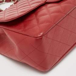 Pre Owned Chanel Red Quilted Caviar Leather Jumbo Classic Single Flap Bag
