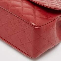 Pre Owned Chanel Red Quilted Caviar Leather Jumbo Classic Single Flap Bag
